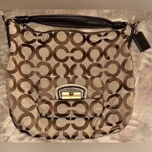 Coach Kristin Handbag Op Art Khaki/Brown Sateen Canvas Hobo Shoulder Bag
